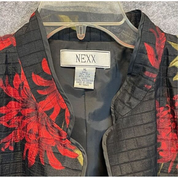 NEXX Women’s Jacket XL Black Red Floral Silk Linen Blend Open Front Quilted - Picture 3 of 11